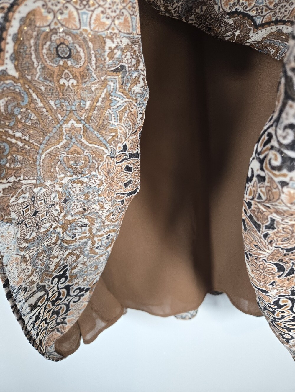 House Of Harlow 1960 Brown Tan Boho Paisley Sparkle Chiffon Peplum Dress Size 10 - Picture 11 of 16